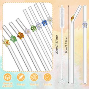 Colorful Flower Shatter Resistant Bend Glass Drinking Straws Smoothie Straws for Milkshakes 7.8 x 3 Inch Glass Straws with Cleaning Brush Clear Reusable Straws Long Glass Straws for Drink (8)