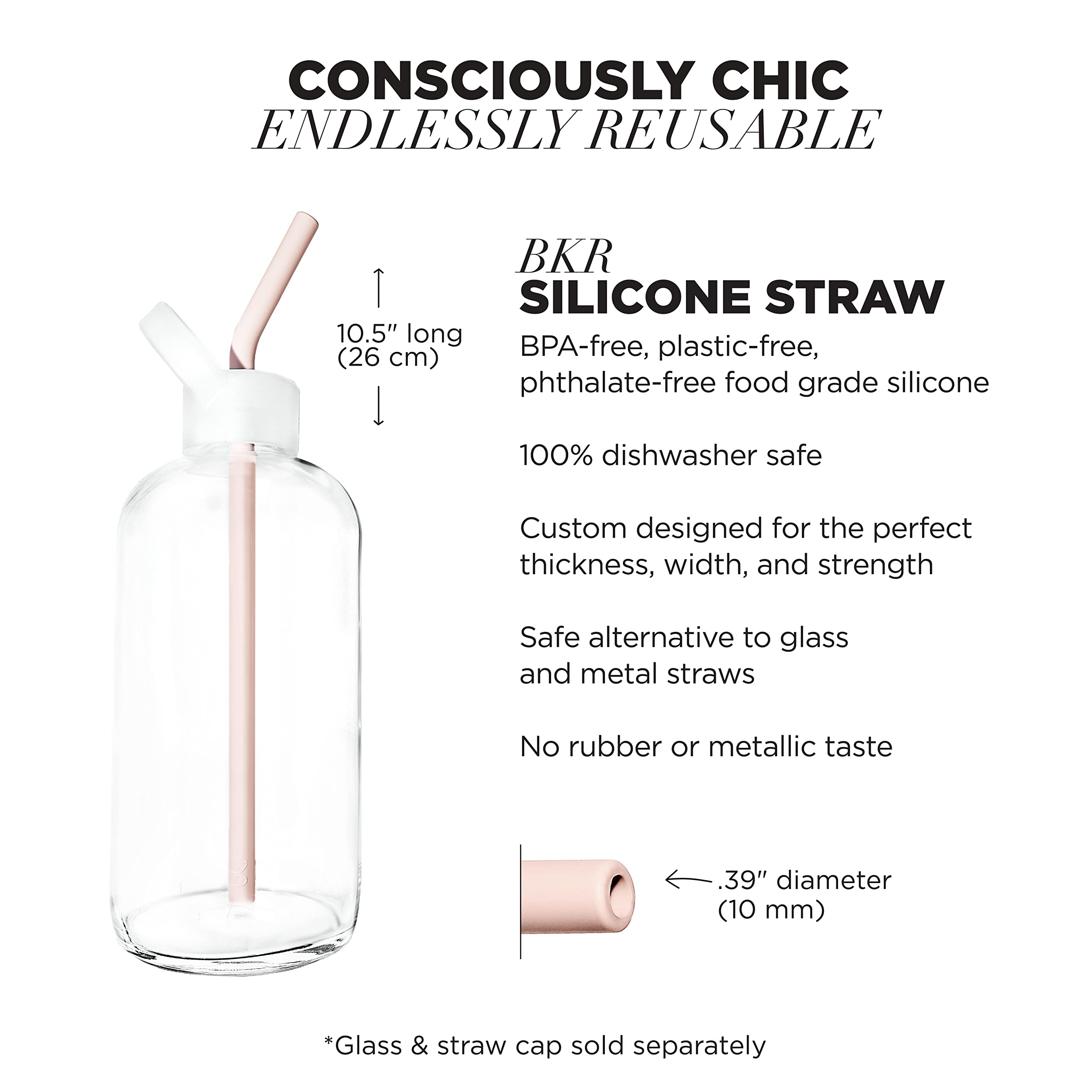 bkr Big Tutu Straw Set - Set of 3 - Soft Silicone Angled Straws - for 1L/32oz Big Glass Water Bottle - Ballet Pale Peachy Pink - BPA Free, Dishwasher Safe