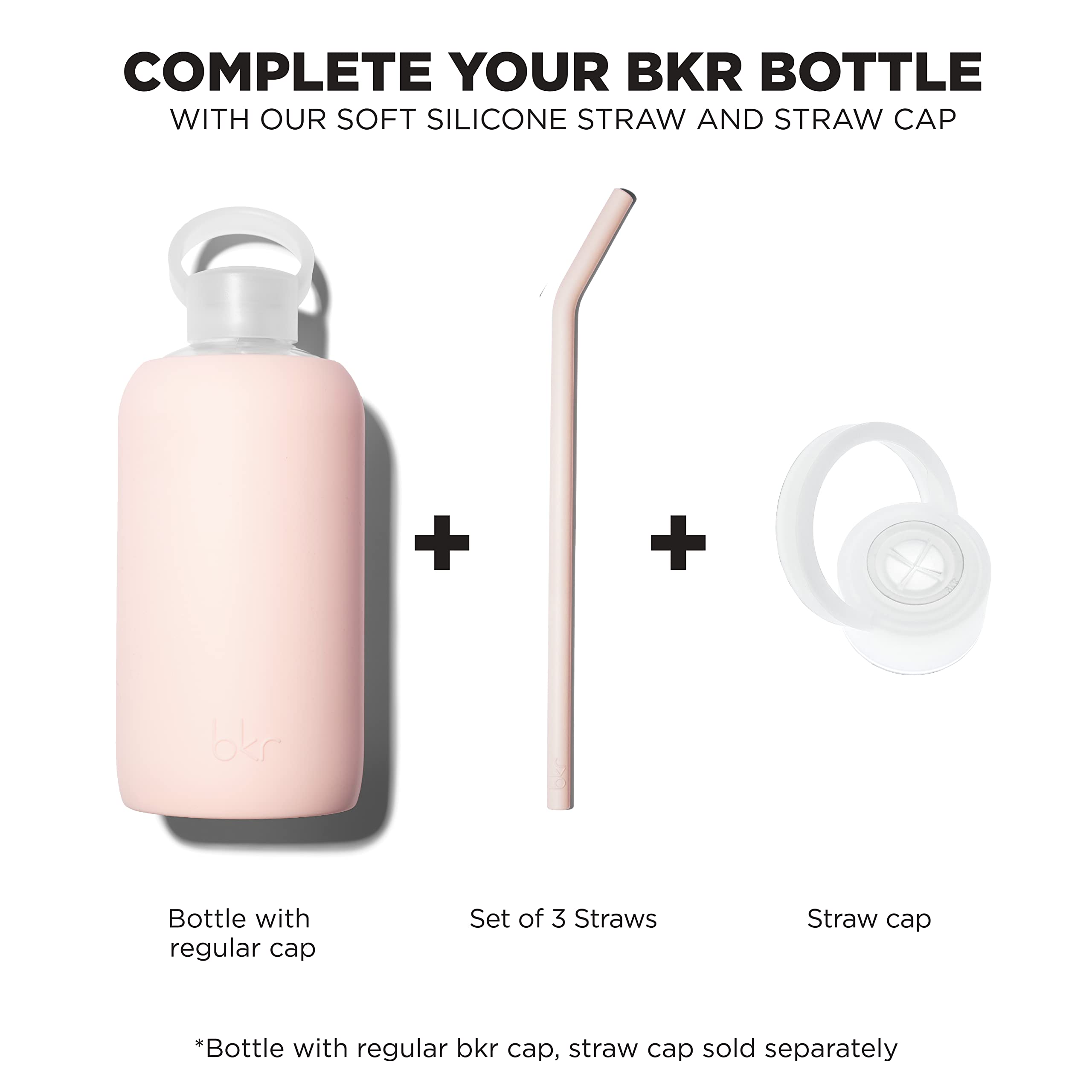 bkr Big Tutu Straw Set - Set of 3 - Soft Silicone Angled Straws - for 1L/32oz Big Glass Water Bottle - Ballet Pale Peachy Pink - BPA Free, Dishwasher Safe