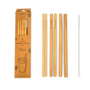 bamboo step - 6 long bamboo straw kit - “bamboo move” line: 6 reusable 9.9" (25cm) bamboo straws and a cleaning brush in a kraft paper box. 3 different diameter sizes included.