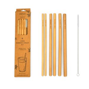 Bamboo Step - 6 LONG Bamboo Straw kit - “Bamboo MOVE” Line: 6 reusable 9.9" (25cm) Bamboo Straws and a cleaning brush in a kraft paper box. 3 Different Diameter Sizes included.