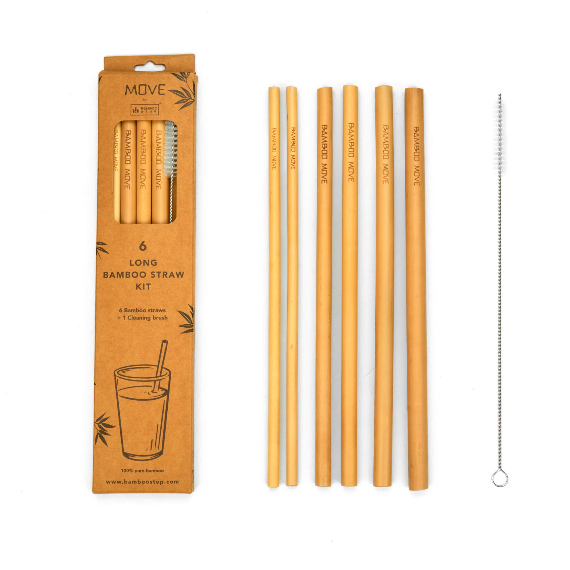 Bamboo Step - 6 LONG Bamboo Straw kit - “Bamboo MOVE” Line: 6 reusable 9.9" (25cm) Bamboo Straws and a cleaning brush in a kraft paper box. 3 Different Diameter Sizes included.