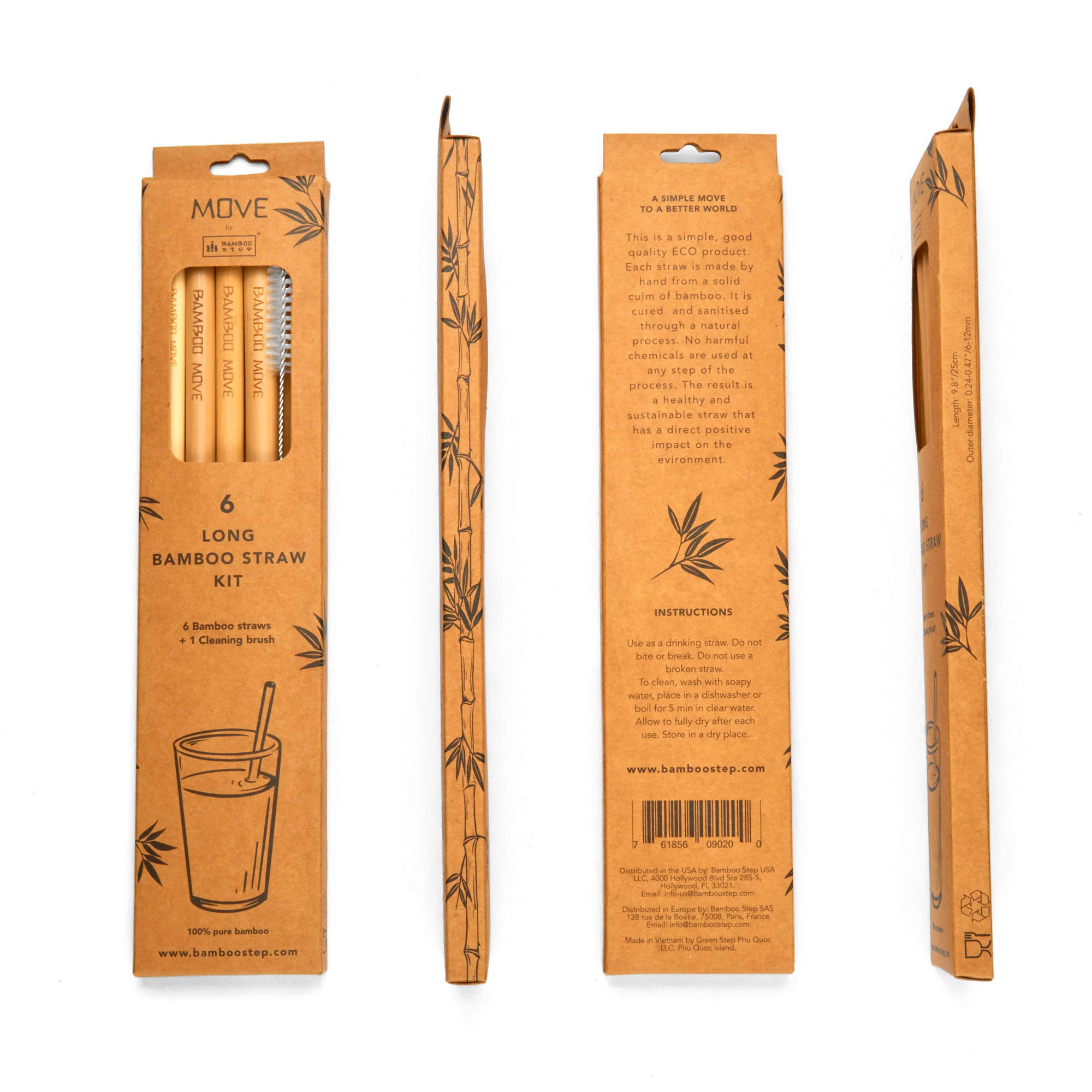 Bamboo Step - 6 LONG Bamboo Straw kit - “Bamboo MOVE” Line: 6 reusable 9.9" (25cm) Bamboo Straws and a cleaning brush in a kraft paper box. 3 Different Diameter Sizes included.