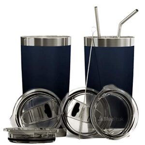 bluepeak double wall stainless steel insulated tumbler set, 2-pack, includes sipping lids, spill-proof sliding lids, straws, cleaning brush & gift box (20oz, navy)