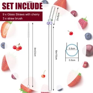 9 Pcs Reusable Glass Straws with Design 8 mm x 7.9 Inch Colorful Cherry on Clear Straw Bent Glass Cherry Straws with Cleaning Brush for Cocktail Juice Shakes Beverages Cocktails