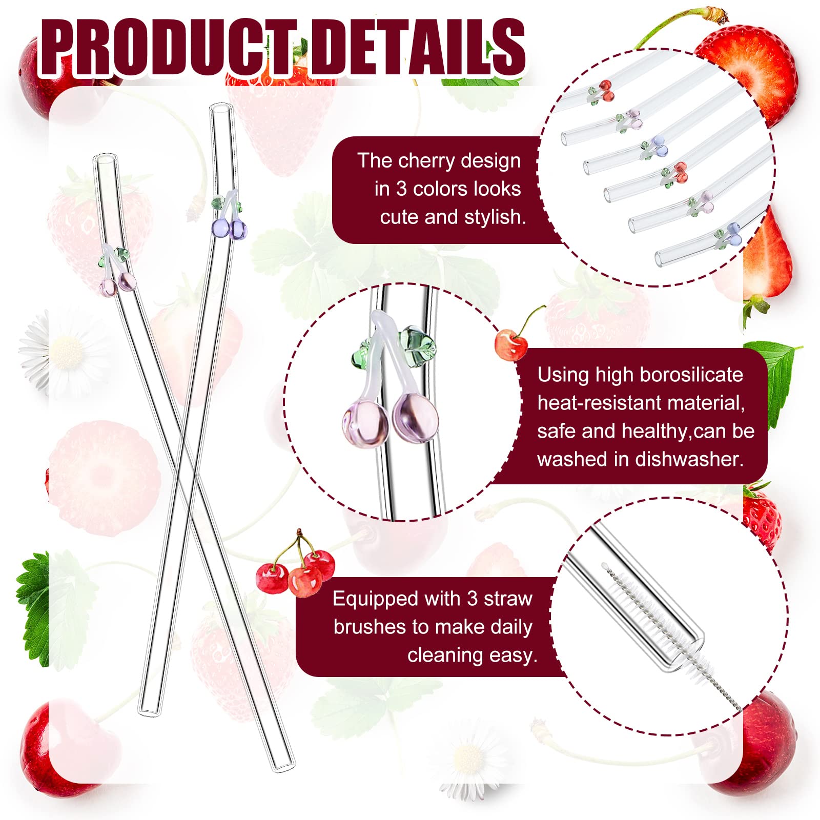 9 Pcs Reusable Glass Straws with Design 8 mm x 7.9 Inch Colorful Cherry on Clear Straw Bent Glass Cherry Straws with Cleaning Brush for Cocktail Juice Shakes Beverages Cocktails