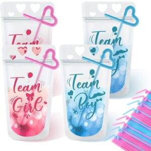 36 pcs gender reveal drink pouch cups with straws plastic stand up drink pouch bags hand held translucent reclosable zipper juice pouches team boy team girl gender reveal party, pink and blue, 17 oz