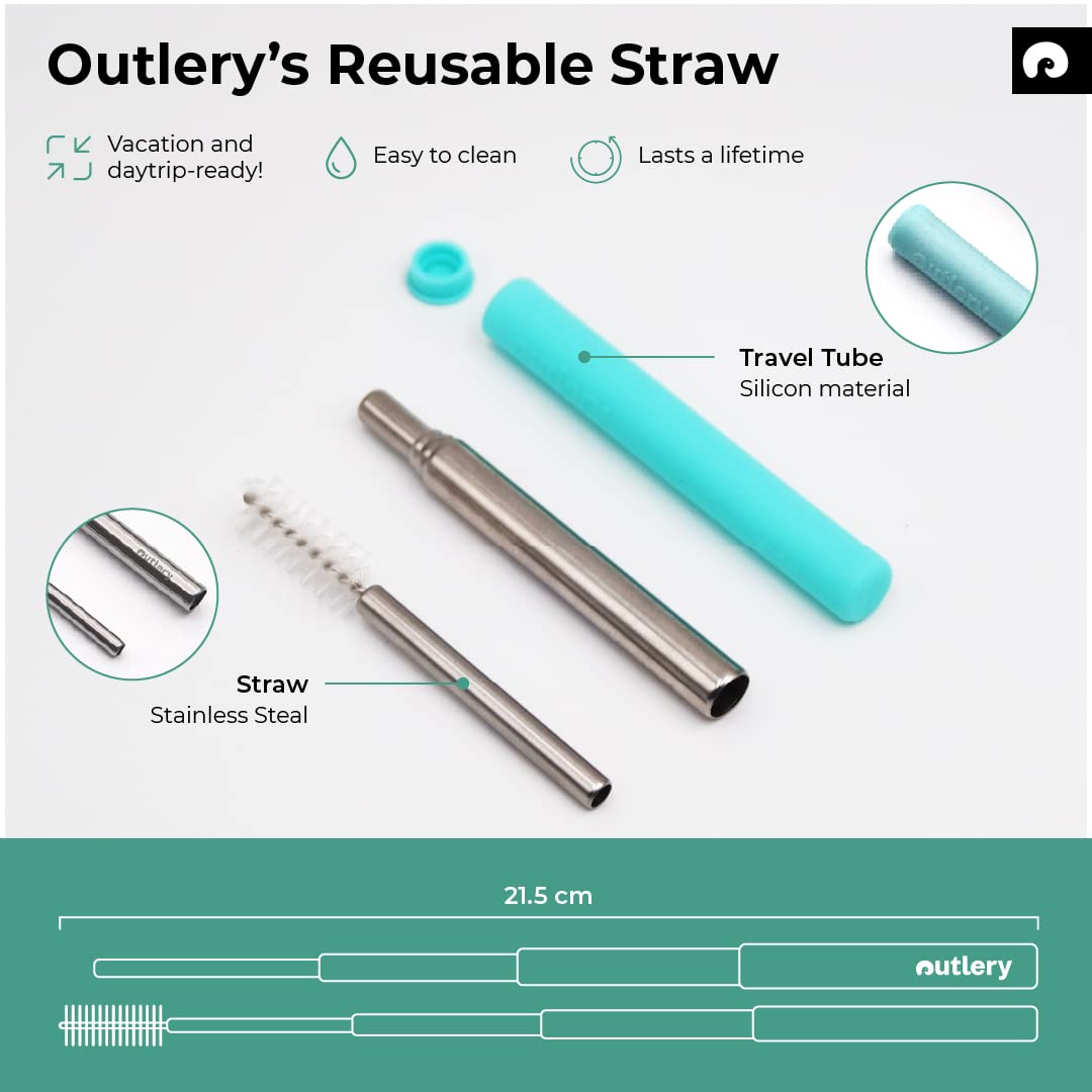 Outlery | Collapsible, Reusable Straw for Travel and Day Trips - an Environmentally Friendly, Stainless Steel Metal Straw with a Telescopic Portable Design