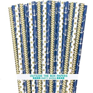 nautical anchor themed paper straws - navy blue gold white - chevron polka dot - 7.75 inches - 100 pack - outside the box papers brand
