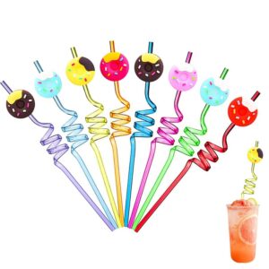12 reusable donut drinking plastic straws for girls and boys birthday party | donut grow up theme party favors with 1 cleaning brush