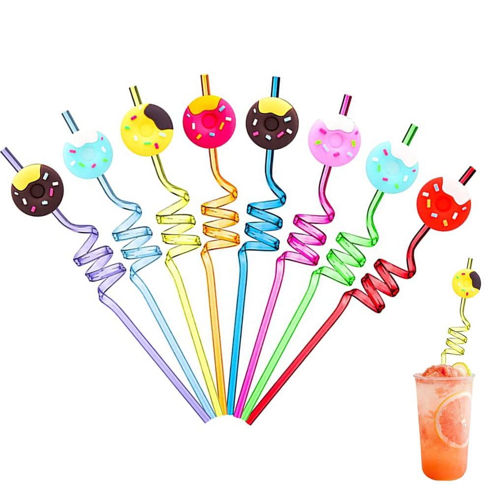 12 Reusable Donut Drinking Plastic Straws for Girls and Boys Birthday Party | Donut Grow Up Theme Party Favors with 1 Cleaning Brush