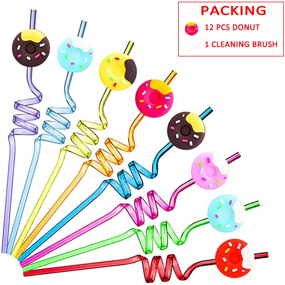 12 Reusable Donut Drinking Plastic Straws for Girls and Boys Birthday Party | Donut Grow Up Theme Party Favors with 1 Cleaning Brush
