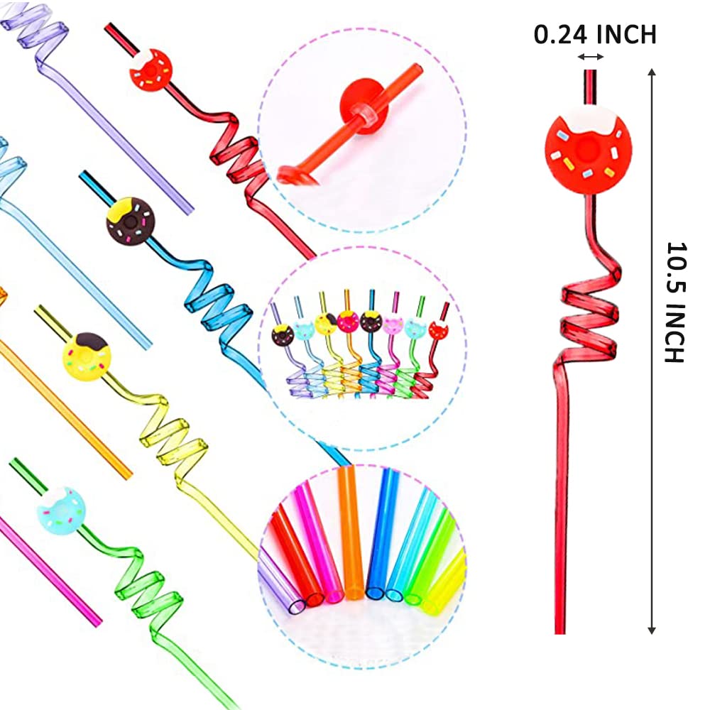 12 Reusable Donut Drinking Plastic Straws for Girls and Boys Birthday Party | Donut Grow Up Theme Party Favors with 1 Cleaning Brush