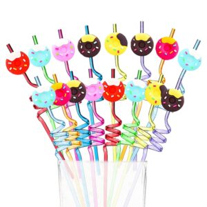 12 Reusable Donut Drinking Plastic Straws for Girls and Boys Birthday Party | Donut Grow Up Theme Party Favors with 1 Cleaning Brush