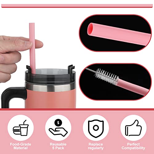 5pcs Replacement Straws for Stanley Adventure Travel Tumbler 40oz, Silicone Straw with Cleaning Brush Reusable Straws for Stanley IceFlow Tumbler Stanley Flip Straw Tumbler (Pink)