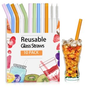 [10 pcs] colorful glass straws shatter resistant - 9" x 10mm reusable drinking straws 5 straight and 5 bent with 2 cleaning brush perfect for smoothies, milkshakes, tea, juice