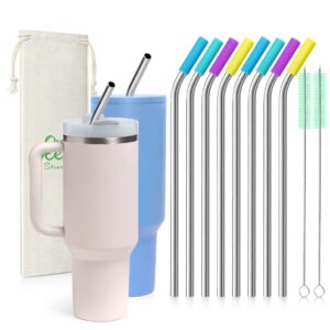 8 piece 5/16 inch (8mm) wide bent stainless steel straws for 40 oz tumbler with handle, 12 inch long reusable metal drinking straws, replacement straws with silicone tips & cleaning brush, silver