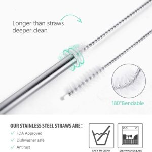 8 Piece 5/16 inch (8mm) Wide Bent Stainless Steel Straws for 40 oz Tumbler with Handle, 12 Inch Long Reusable Metal Drinking Straws, Replacement Straws with Silicone Tips & Cleaning Brush, Silver