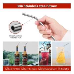 8 Piece 5/16 inch (8mm) Wide Bent Stainless Steel Straws for 40 oz Tumbler with Handle, 12 Inch Long Reusable Metal Drinking Straws, Replacement Straws with Silicone Tips & Cleaning Brush, Silver