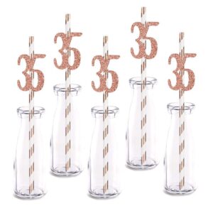 rose happy 35th birthday straw decor, rose gold glitter 24pcs cut-out number 35 party drinking decorative straws, supplies