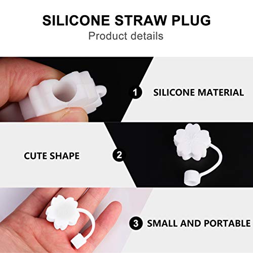 SEWACC 2 Pcs Straw Covers Silicone Straw Caps Reusable Drinking Straw Tips Lids Straw Toppers for Home Office (White Sakura)