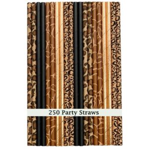 bulk animal print paper straw pack - brown black - jungle safari theme - leopard giraffe cheetah - 250 pack outside the box papers brand