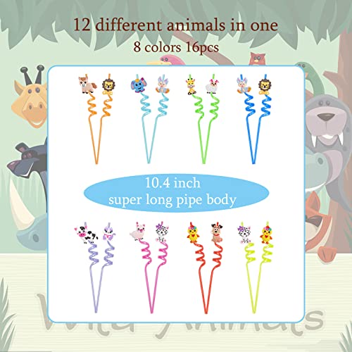 16pc Animal Plastic Straws, Chicken Sheep Horse Cow Pig for Farm Barnyard Birthday Party Supplies Reusable Straws Cartoon Lion Cat Dog Elephant Leopard Girafee for Party Favors with 2 Cleaning Brushes