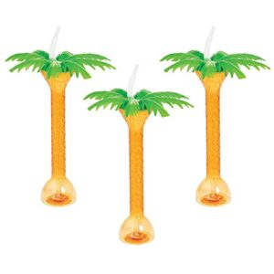 palm tree plastic yard glasses with straws and lid - set of 6, each holds 16 oz - tiki topical luau party supplies
