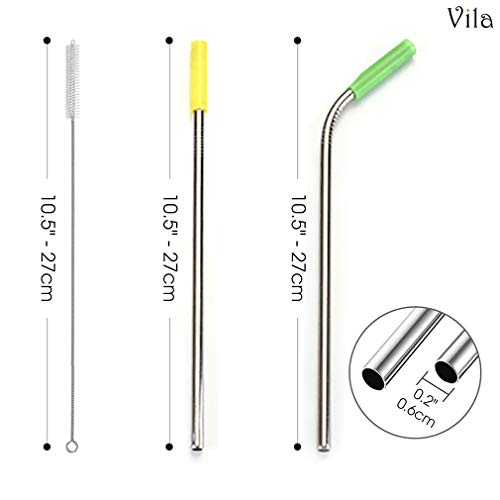 No Chew Cat Stainless Steel Straws with Silicone Tip, 10.5", Reusable, 4 Bend and 4 Straight Straws with 2 Brushes, 8 Pcs per Pack