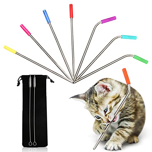 No Chew Cat Stainless Steel Straws with Silicone Tip, 10.5", Reusable, 4 Bend and 4 Straight Straws with 2 Brushes, 8 Pcs per Pack