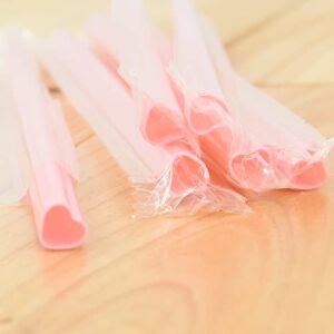 JOYLUCK KOREA 50pcs Jumbo Smoothie Heart shaped Pink Disposable Drinking straws Individually Wrapped plastic straws Party Supplies Birthday Party for Kids Bridal Shower Wedding Valentine's Day