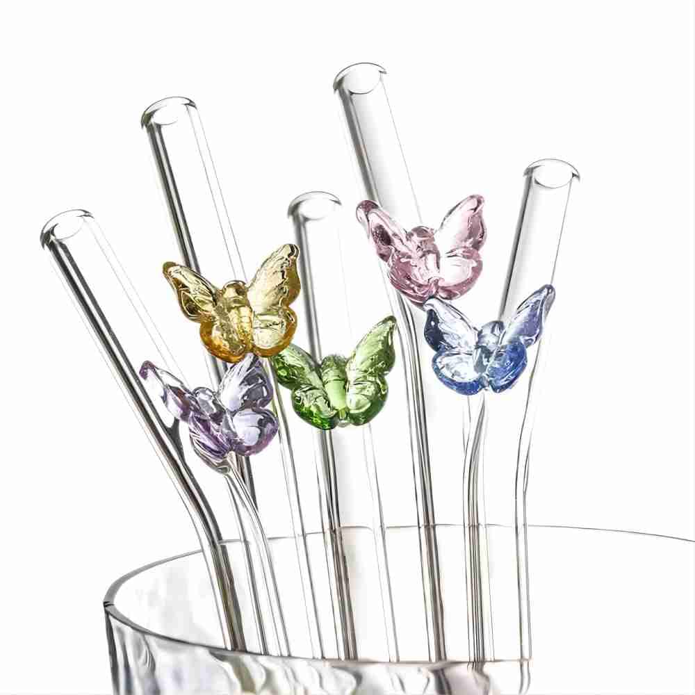 5pcs Butterfly Glass Straws Reusable Bent Drinking Straw 3D Butterfly on Clear Straws for Juices,Milk,Cocktails