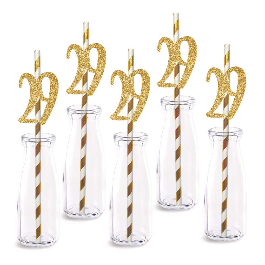 29th Birthday Paper Straw Decor, 24-Pack Real Gold Glitter Cut-Out Numbers Happy 29 Years Party Decorative Straws