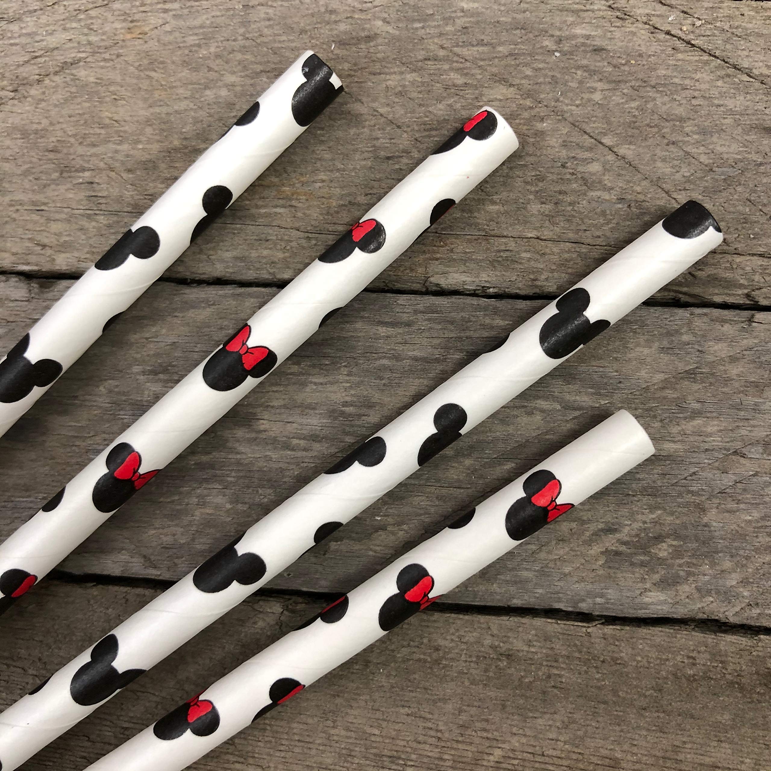 Mickey and Minnie Mouse Inspired Paper Straws - Black Red White - 7.75 inches - 50 Pack - Outside the Box Papers Brand