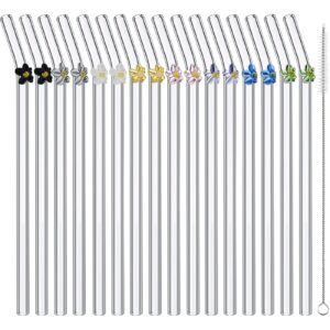 16 pieces reusable glass straw with flower cute colorful glass straws with design 7.87 x 0.31" shatter resistant bend straws and cleaning brush for cocktail hot or cold drinks
