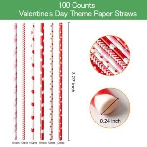 [100 Pack] Valentine Paper Straws, φ0.24''*8.27'' Red Heart Paper Straws for Valentines, Wedding, Party, Eco Friendly Drinking Straws (Red Heart, 0.24''*8.27'')