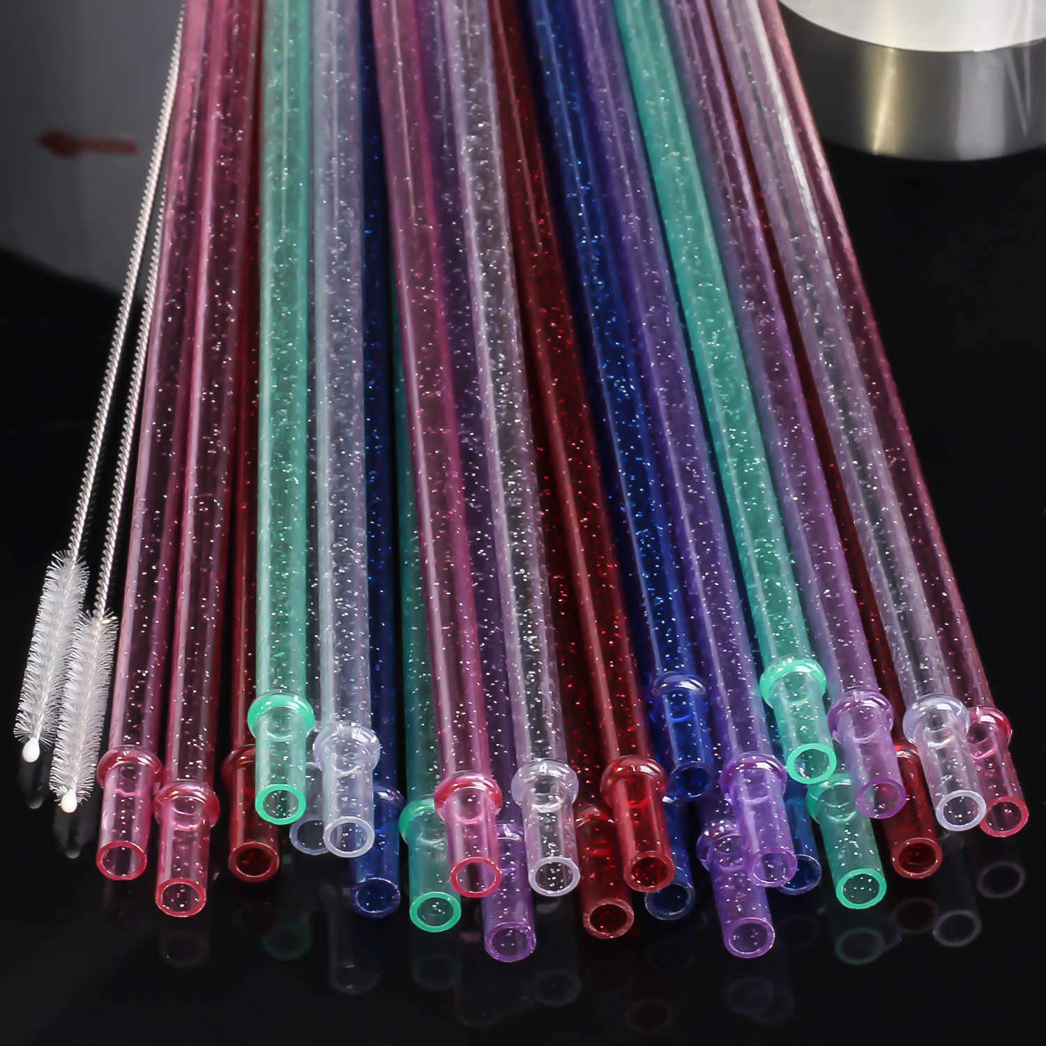 Ayoyo 6 Pcs 11 Inch Reusable Plastic Straws Glitter Party Wedding Holiday Drinking Straw for Tumbler 1 Cleaning Brush Include