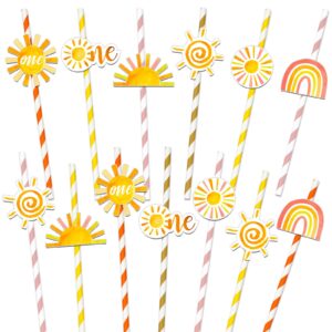 perkoop 60 sets first trip around the sun birthday party paper straws sun themed stripes straws rainbow drinking straws for sun 1st birthday theme party baby shower favors decorations