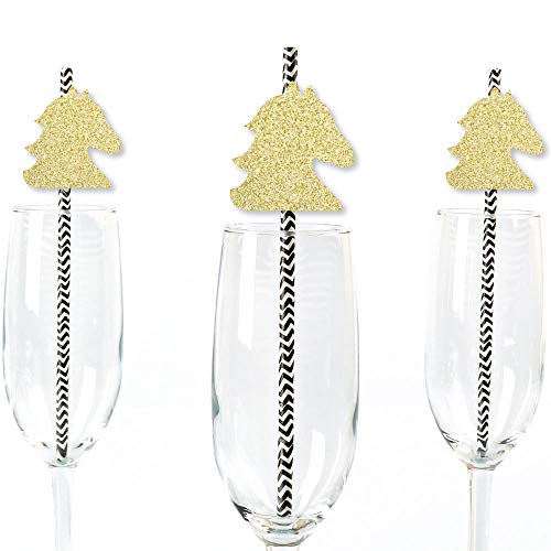 Gold Glitter Horse Party Straws - No-Mess Real Gold Glitter Cut-Outs and Decorative Kentucky Horse Derby Horse Race Party Paper Straws - Set of 24