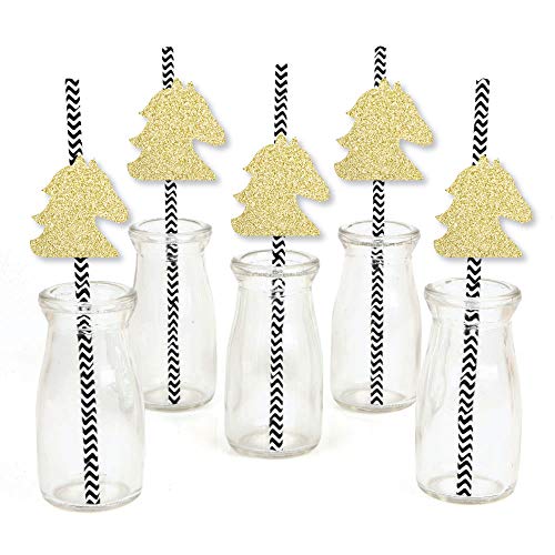 Gold Glitter Horse Party Straws - No-Mess Real Gold Glitter Cut-Outs and Decorative Kentucky Horse Derby Horse Race Party Paper Straws - Set of 24