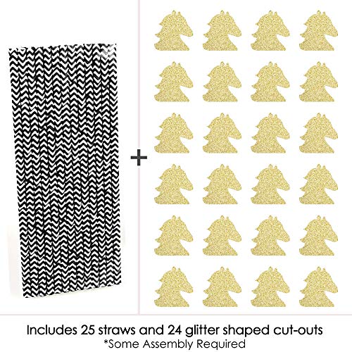 Gold Glitter Horse Party Straws - No-Mess Real Gold Glitter Cut-Outs and Decorative Kentucky Horse Derby Horse Race Party Paper Straws - Set of 24
