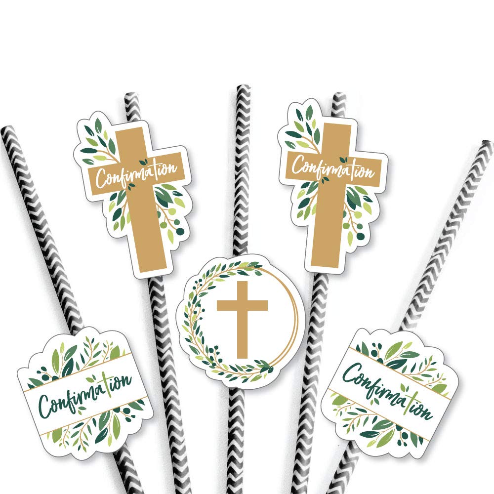 Confirmation Elegant Cross - Paper Straw Decor - Religious Party Striped Decorative Straws - Set of 24