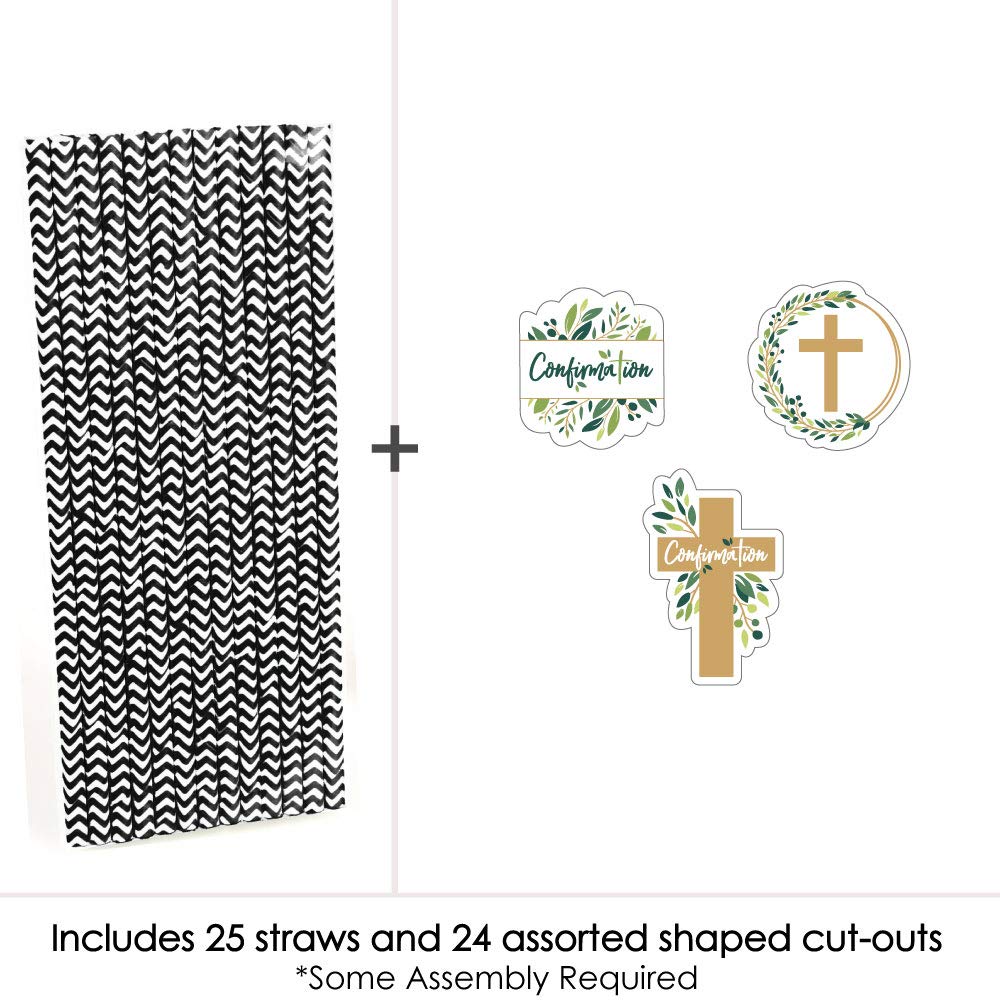 Confirmation Elegant Cross - Paper Straw Decor - Religious Party Striped Decorative Straws - Set of 24