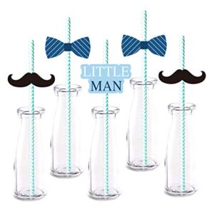 little man straw decor, 24-pack blue boy bow tie moustache baby shower party supply decorations, paper decorative straws