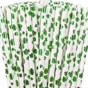 AnyDesign 200Pcs Summer Paper Straws Foil Green Tropical Leaves Disposable Drinking Straws Hawaiian Decorative Straws for Summer Luau Party Supplies Juices Shakes Cocktail Decoration