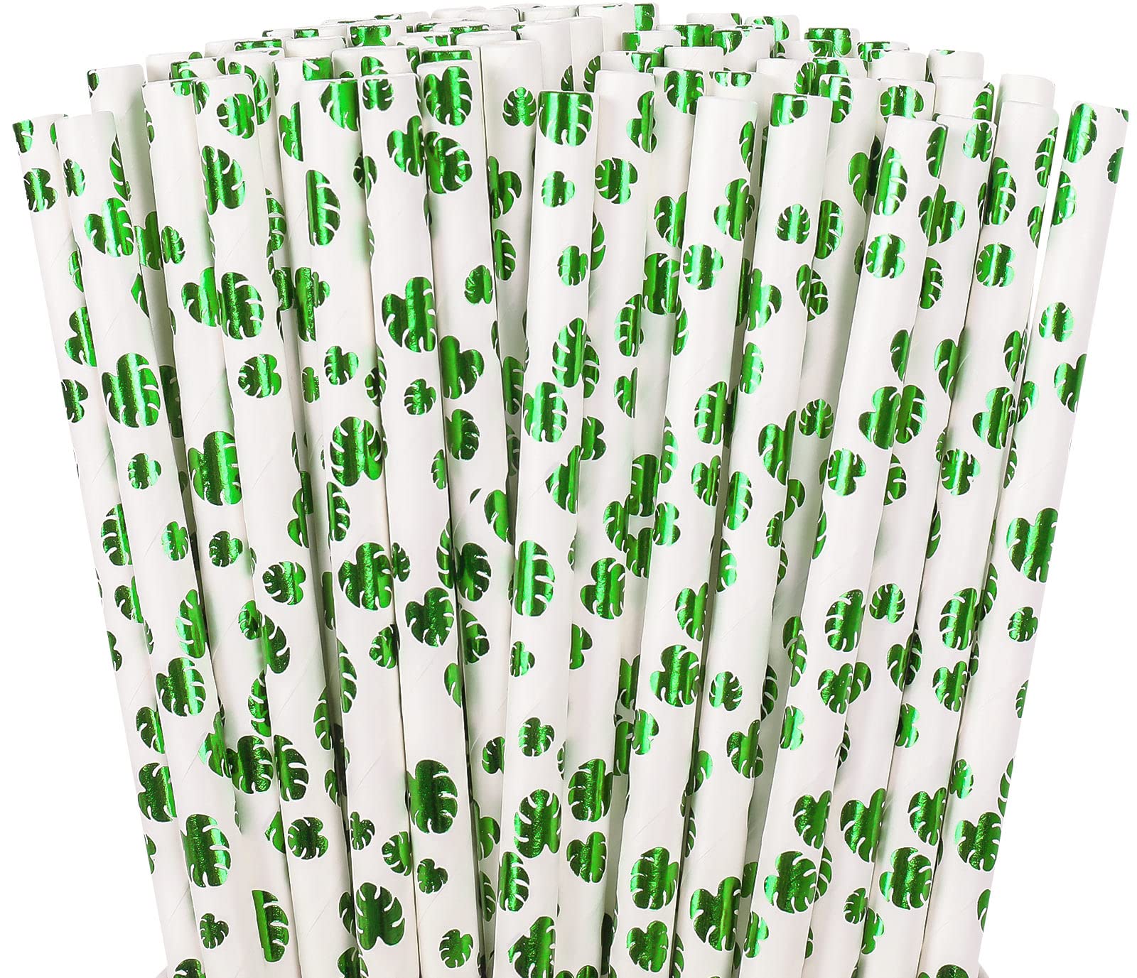 AnyDesign 200Pcs Summer Paper Straws Foil Green Tropical Leaves Disposable Drinking Straws Hawaiian Decorative Straws for Summer Luau Party Supplies Juices Shakes Cocktail Decoration