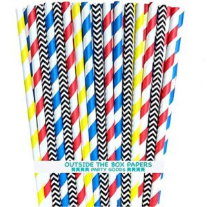 outside the box papers superhero theme chevron and striped paper straws 7.75 inches 100 pack red, blue, black, yellow, white