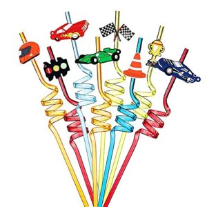 cheeseandu 12pcs race car drinking straws reusable vehicle plastic straws transportation party straws for boys racecar wheels birthday supplies, birthday party decorations, baby shower