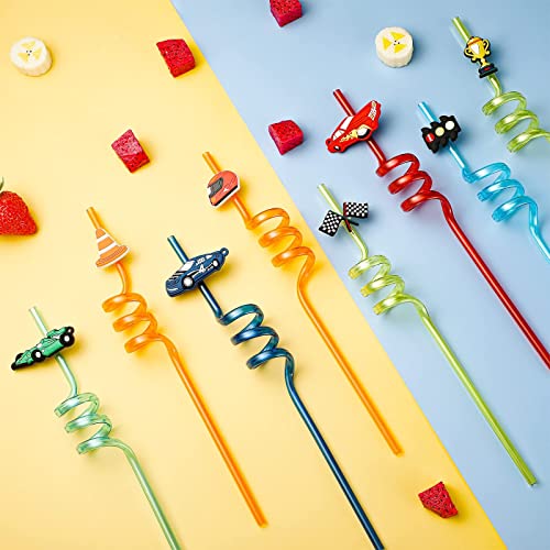 CheeseandU 12Pcs Race Car Drinking Straws Reusable Vehicle Plastic Straws Transportation Party Straws for Boys Racecar Wheels Birthday Supplies, Birthday Party Decorations, Baby Shower