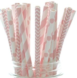 food with fashion baby girl pink baby shower straws (25 pack) - baby shower supplies, princess girls birthday party straws, stripe chevron & polka dot light pink paper straws